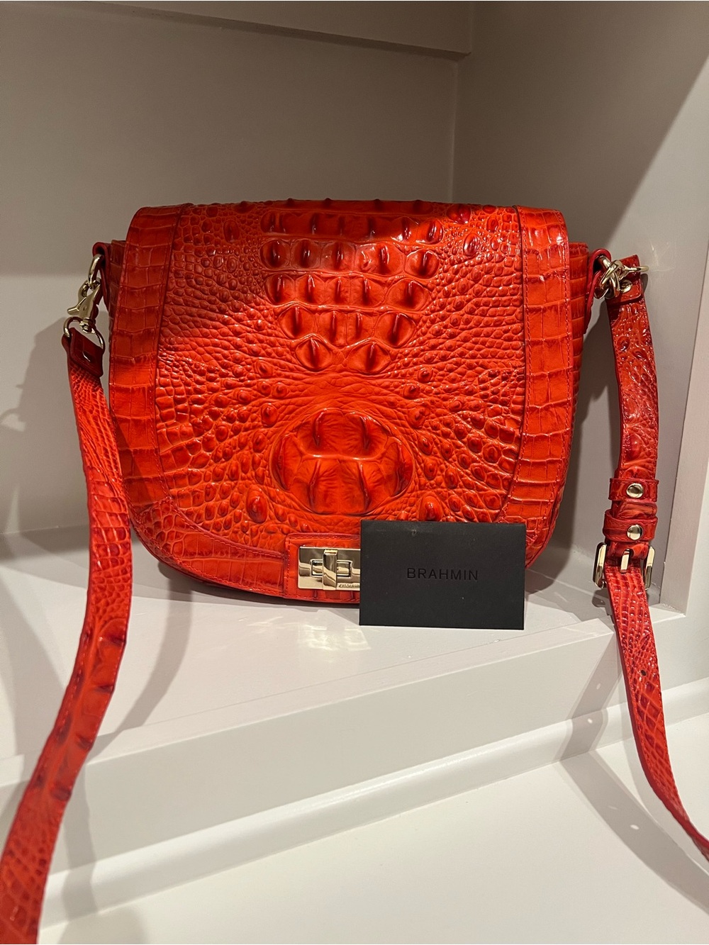 Brahmin Croc-Embossed Leather Crossbody in Vivid Red